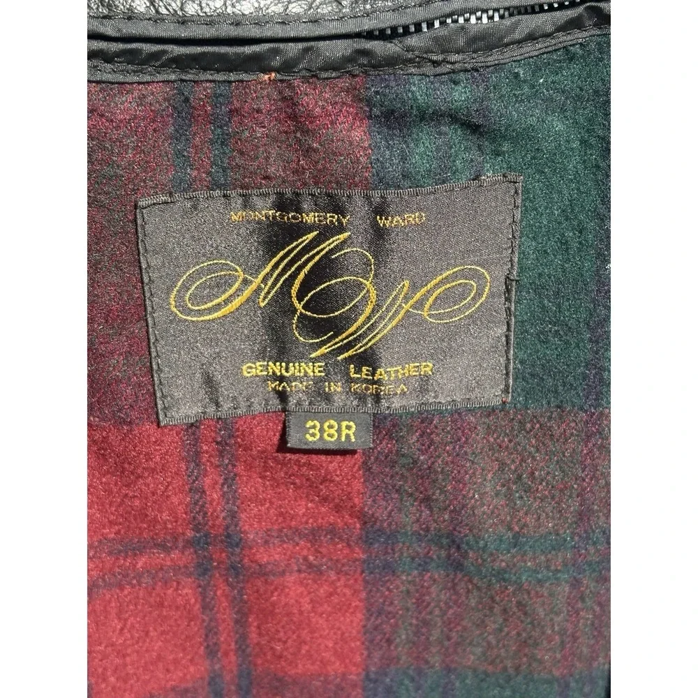 VTG Montgomery Ward Mens Black Leather Red Flannel Lined Peacoat 38R Jacket
